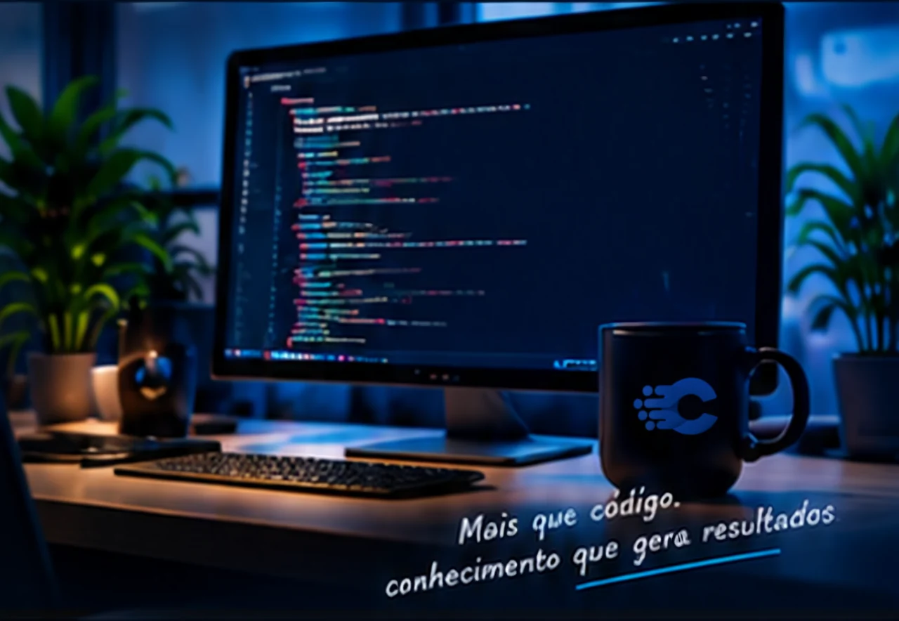 Mesa de trabalho com monitor exibindo código e caneca da CodeCerto
