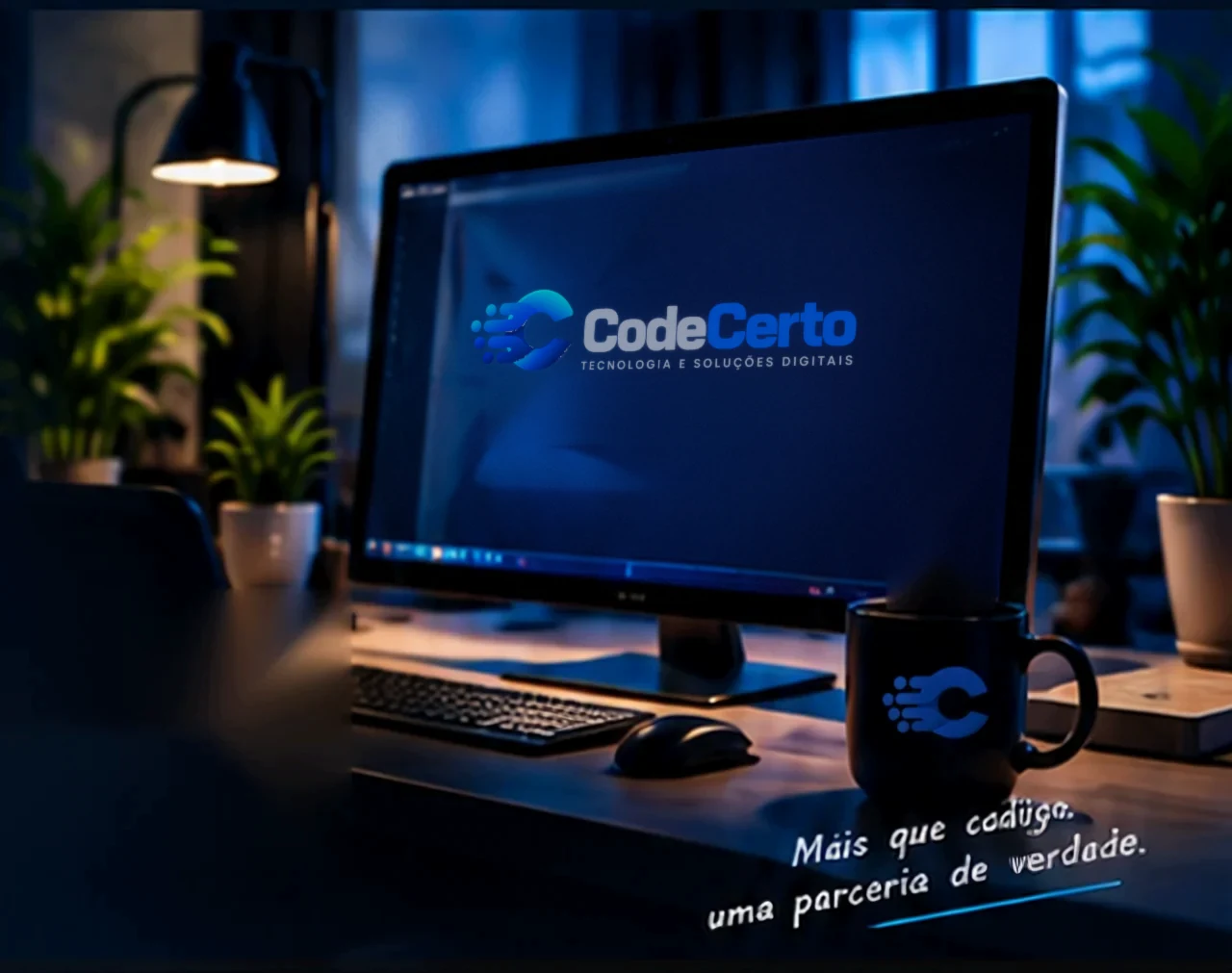 Mesa de trabalho com monitor exibindo o logotipo da CodeCerto