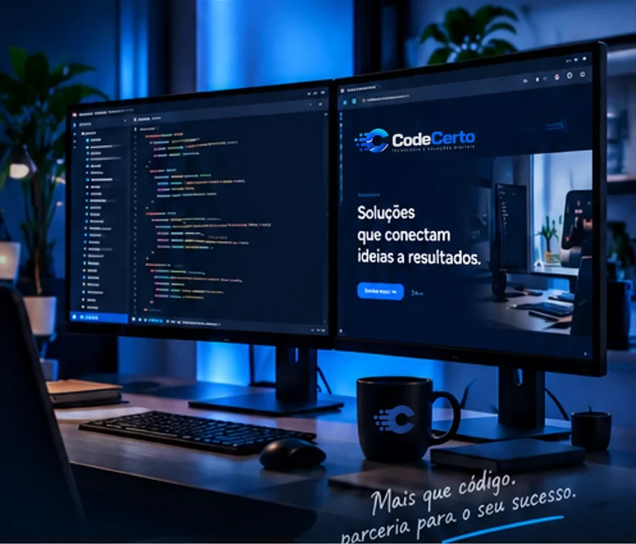 Estação de trabalho com monitores exibindo código e o site da CodeCerto