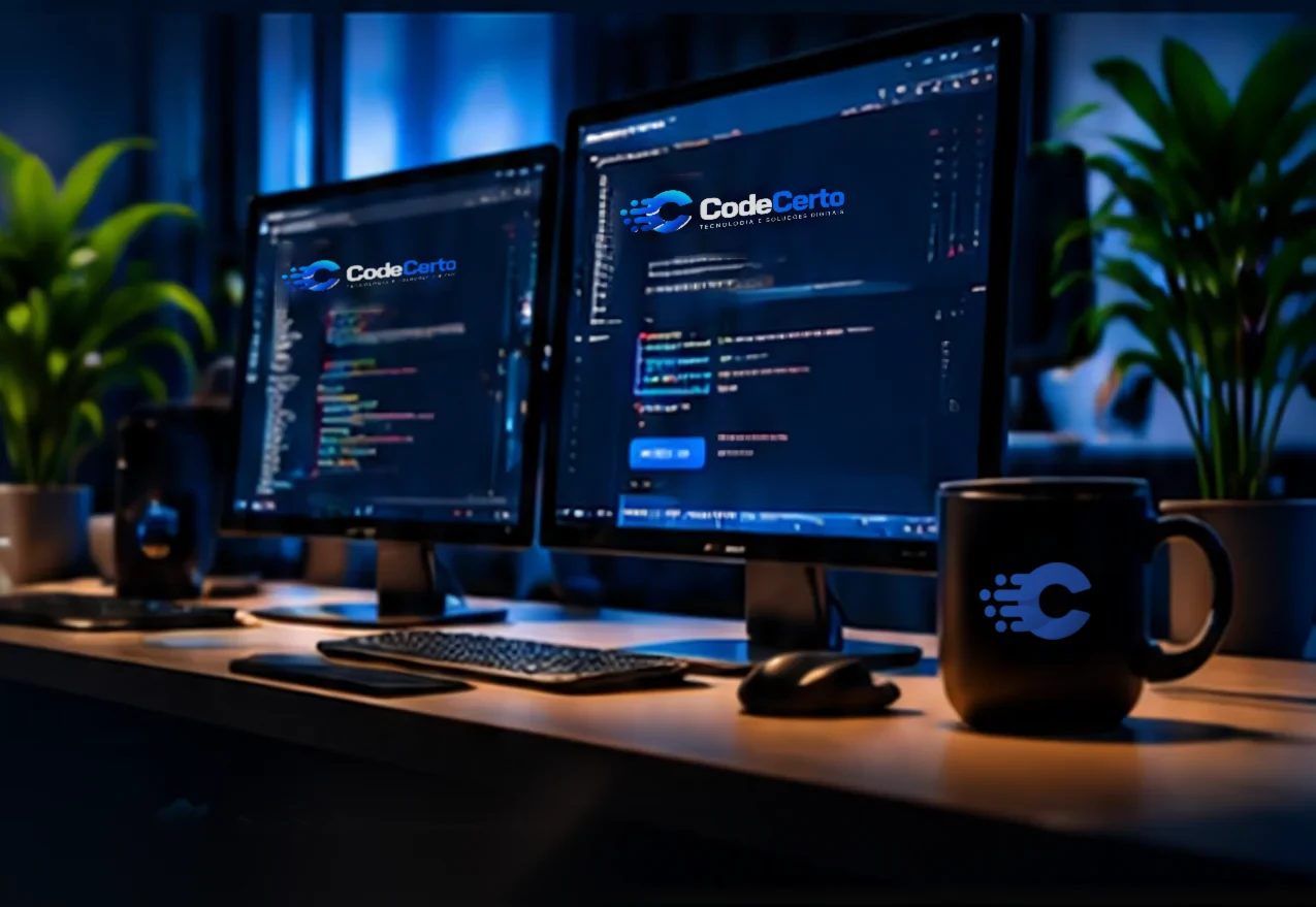 Mesa de trabalho com monitores exibindo o site da CodeCerto