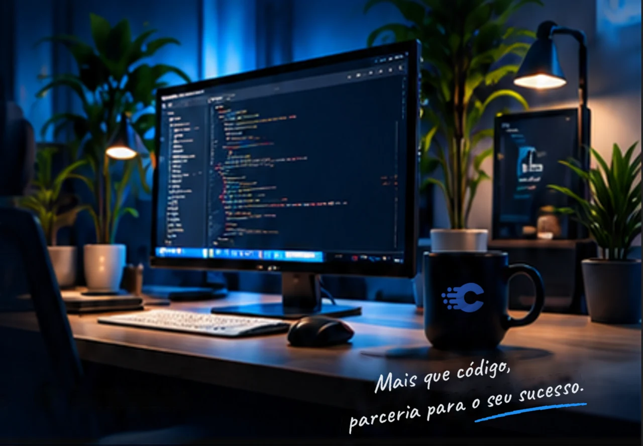 Mesa de trabalho com monitor exibindo código e caneca com o logotipo da CodeCerto