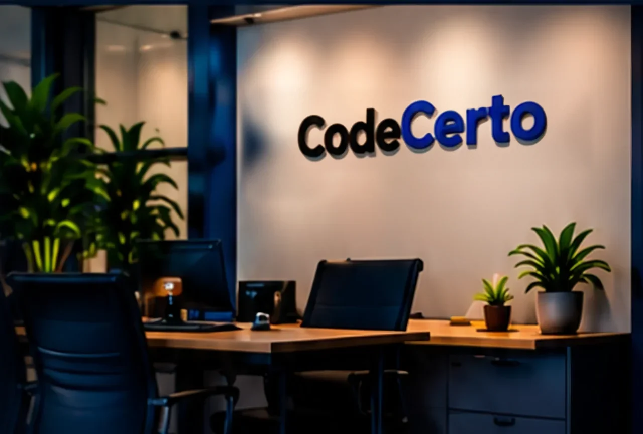 Escritório da CodeCerto com o logotipo na parede